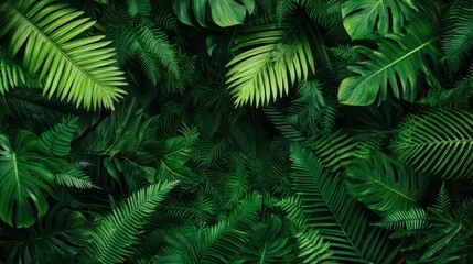 Fototapeta premium Lush Green Tropical Leaves Background with Diverse Textures and Shades for Nature and Interior Design Projects