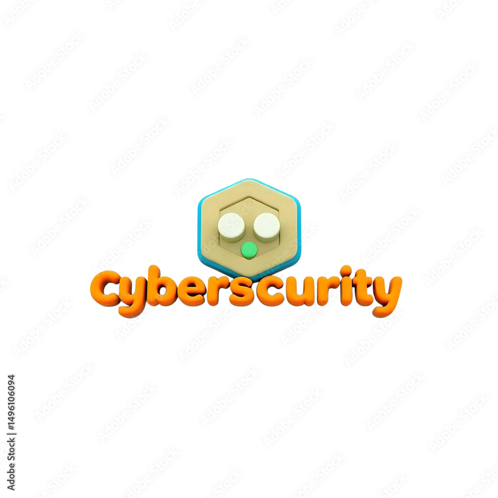 Poster 3d icon for cybersecurity with orange text and abstract hexagonal padlock – high quality png isolate