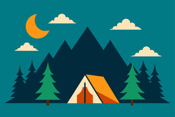 Fototapeta premium Peaceful Summer Wilderness Camp Scene Under Starry Night Sky Vector Illustration Background