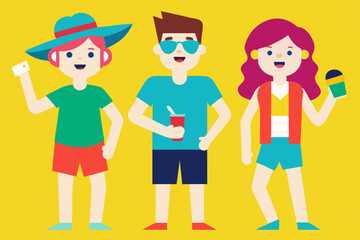 Happy Trendy Teenagers Enjoying Summer Fun on the Beach Vector Illustration Background