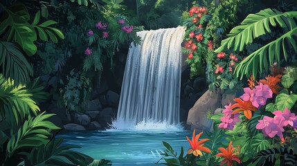 Tropical waterfall cascading through lush foliage.