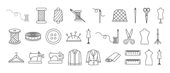 Set of sewing and tailoring icons including needles, spools, dressform, thread, and scissor. Linear vector symbols. Design for poster, template, banner, card.