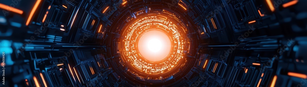 Poster futuristic tunnel with glowing light and neon circuit patterns in an abstract sci-fi design