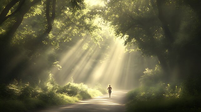 Runner in sunlit forest path. - Powered by Adobe