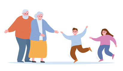 Granny meets her grandchildren. Happy family together. Vector flat graphics.