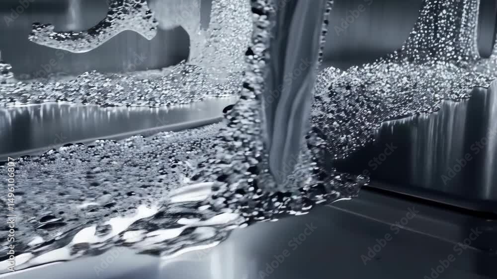 Poster close-up view of water flowing over a metal surface, creating reflections and patterns of light and 