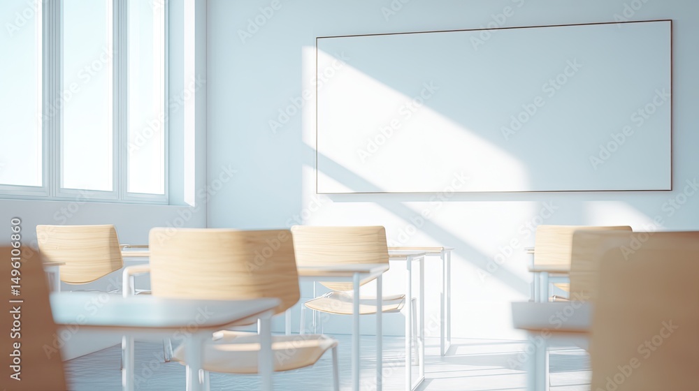Poster clean image of modern classroom with minimalist design featuring empty whiteboard for copy space