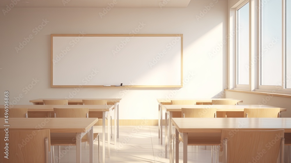 Poster clean image of modern classroom with minimalist design featuring empty whiteboard for copy space