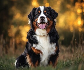 Portrait of a sitting Bernese Mountain Dog with space for text.