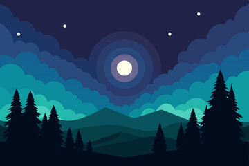 Naklejka premium Mysterious Cosmic Sky with Dark Forest Silhouette Vector Illustration Background