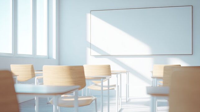 clean image of modern classroom with minimalist design featuring empty whiteboard for copy space