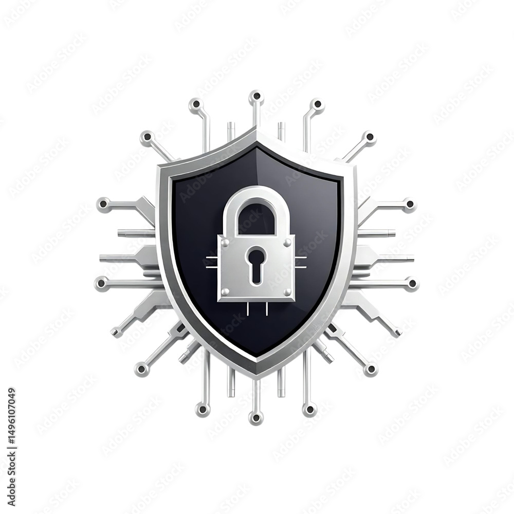 Aufkleber black digital shield with circuit design and lock icon isolated on transparent background