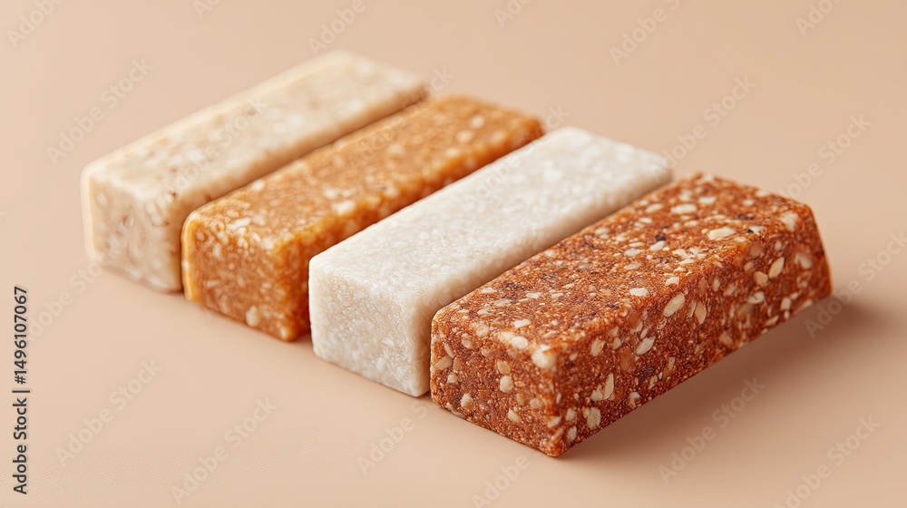 Poster clean image of variety of energy bars arranged on sleek surface with ample copy space for text place