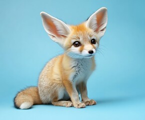 Obraz premium Fennec fox on blue background. Pet in studio with space for text.