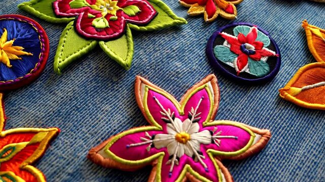 Arrangement of vibrant floral embroidery patches on light blue denim fabric background, textile embellishments crafting concept