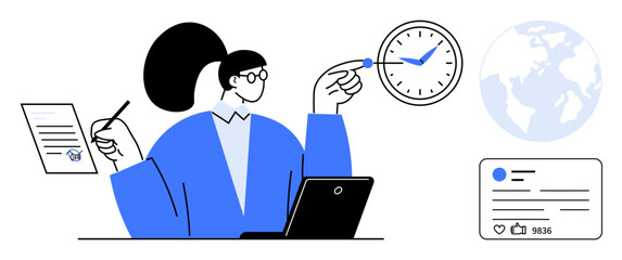 Manager planning tasks with clock, social post, document, laptop, and globe. Ideal for business, time management, productivity, digital marketing organization remote work simple landing page