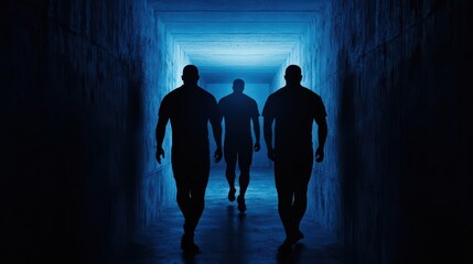Silhouetted Figures Walking Through a Mysterious Blue Light Tunnel in a Dark and Atmospheric Environment