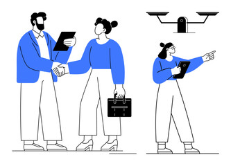 Team members shaking hands, holding documents and briefcase, woman pointing at tasks, camera monitoring above. Ideal for teamwork, business strategy, leadership, collaboration, planning security