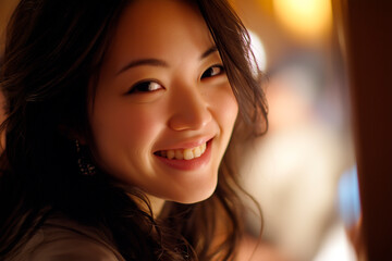 Smiling young Asian woman. The happiness of youth in love. Golden tones