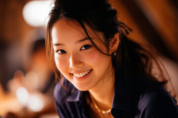 Smiling young Asian woman. The happiness of youth in love. Golden tones
