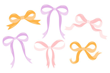 Set of colorful bows in pink, purple, and orange tones. Cute flat vector illustration for gift wrapping, baby designs, celebration decor, stickers, or girly-themed projects.