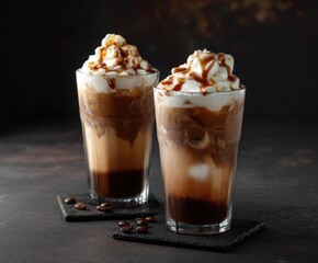 Tasty Iced Latte on Dark Background with space for text.