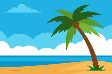 Obraz premium Tropical Paradise Beach with Swaying Palm Trees Offering Shade Vector Illustration Background