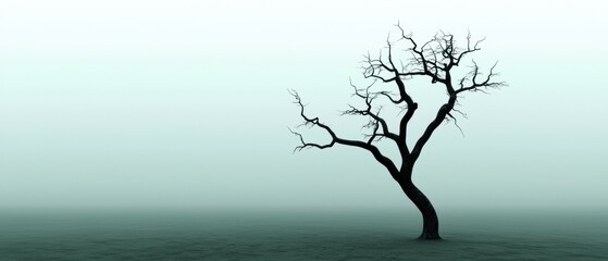 A lone tree stands in a foggy landscape.