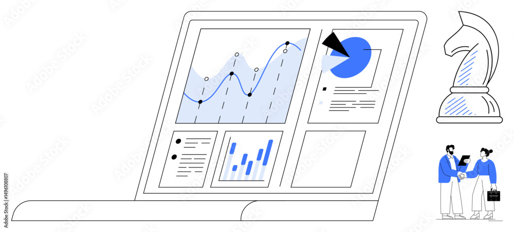Poster laptop screen displaying analytics graphs, pie chart, and data insights. chess knight symbolizes str