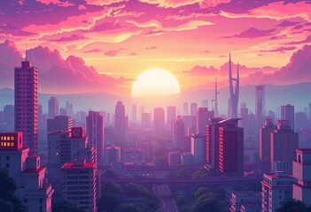 Naklejka premium Vibrant anime-style city skyline at sunrise, pastel colors, vector, pastel