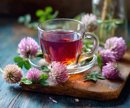 Medicinal herbal tea or infusion of red clover in a glass cup with flowers