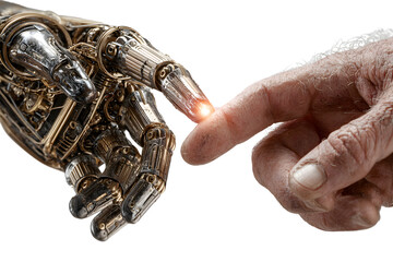 Robotic hand and human hand touching futuristic technology concept