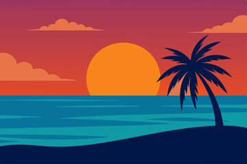 Fototapeta premium Peaceful Serene Beach Sunset Over Calm Ocean Wallpaper Vector Illustration Background