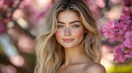 Fototapeta premium Attractive blonde woman posing outdoors with a soft blurred spring blossom background. Elegant, feminine, and natural portrait with delicate tones, perfect for beauty, fashion, and lifestyle concepts.