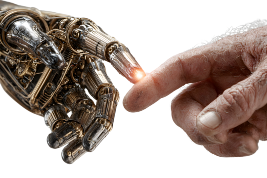 Robotic hand and human hand touching futuristic technology concept