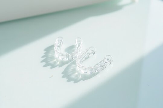 minimalist shot of clear aligners on a reflective glass surface, with soft shadows and highlights to enhance form and provide negative space.