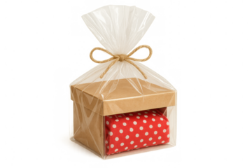 Gift box wrapped in clear cellophane, polka dot fabric inside, secured with rustic twine string, white background