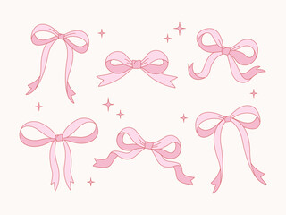 Set of cute pink bows with sparkles. Flat vector illustration for gift wrapping, baby shower, romantic decor, Valentine’s Day, stickers, or girly design projects.