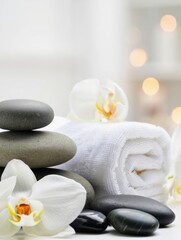 A beautifully arranged spa scene features smooth stones piled elegantly white towels and delicate orchid flowers creating a serene atmosphere perfect for relaxation and rejuvenation.