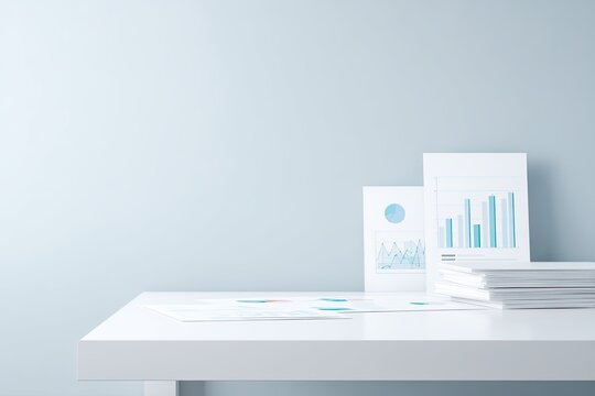 minimalist scene with scattered graphs and charts on sleek white desk emphasizing market analysis