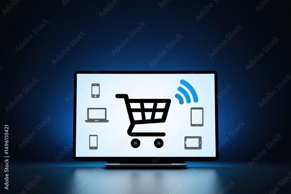 Poster a modern computer screen displays an abstract shopping cart symbol surrounded by various devices. th
