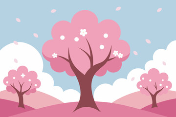 Beautiful Cherry Blossom Tree in Anime Style Wallpaper Scene Vector Illustration Background