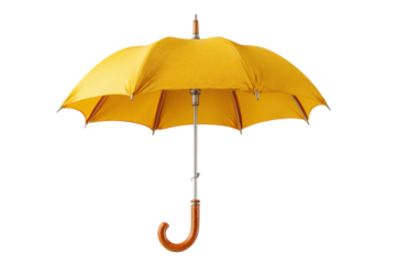 PNG Bright yellow umbrella with wooden handle against black background