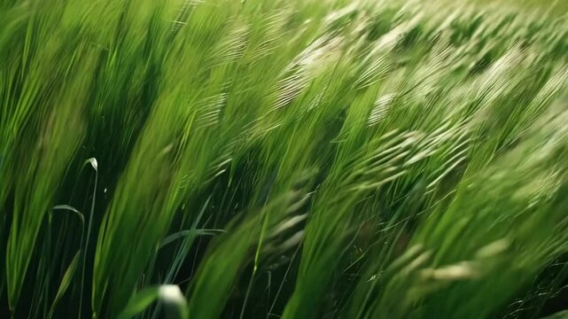 Close-up footage showcases vibrant green wheat or barley stalks swaying gently in the field, promising a bountiful harvest and growth
