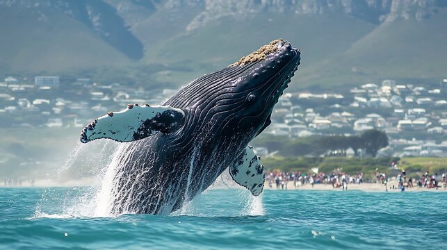 Humpback whale breaching in a coastal scene.