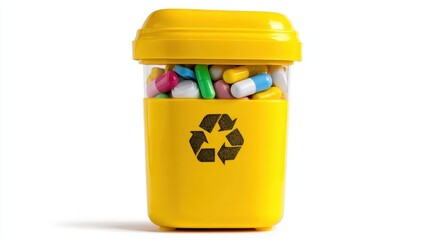 Medical waste disposal container filled with various medical tools in a clean setting for safe waste management