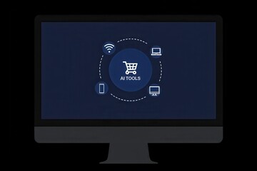 A modern workspace features a sleek computer display showcasing various AI tools that enhance online shopping.