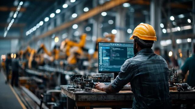 Worker in a hard hat programming on a computer in a busy industrial factory setting