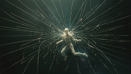 Obraz premium Surreal image of a floating figure connected to glowing and frayed thread like lines symbolizing past experiences
