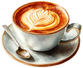 Artistic Watercolor Latte: Isolated Coffee Cup Illustration with Hand-Painted Details